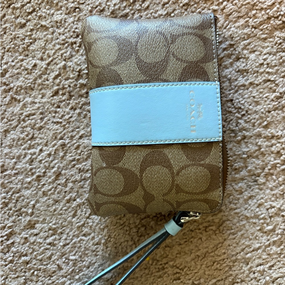 Coach Signature Brown and Light Blue Wristlet